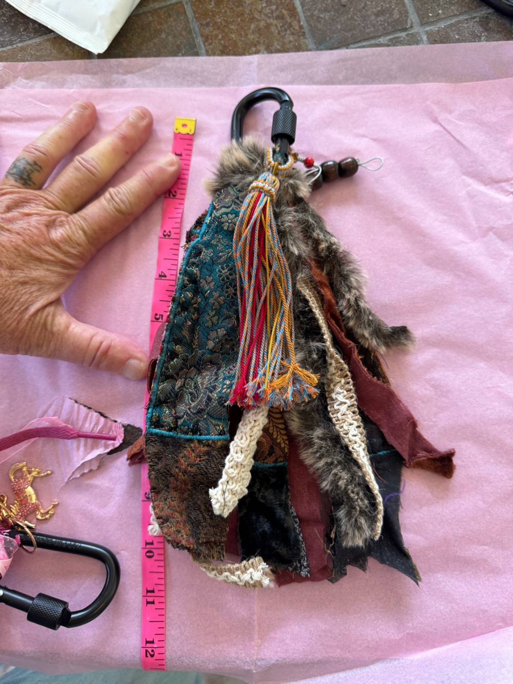 Boho Tassel Keychain purse Charm with Fur and Fabric Strips - Teal, Burgundy, Cr